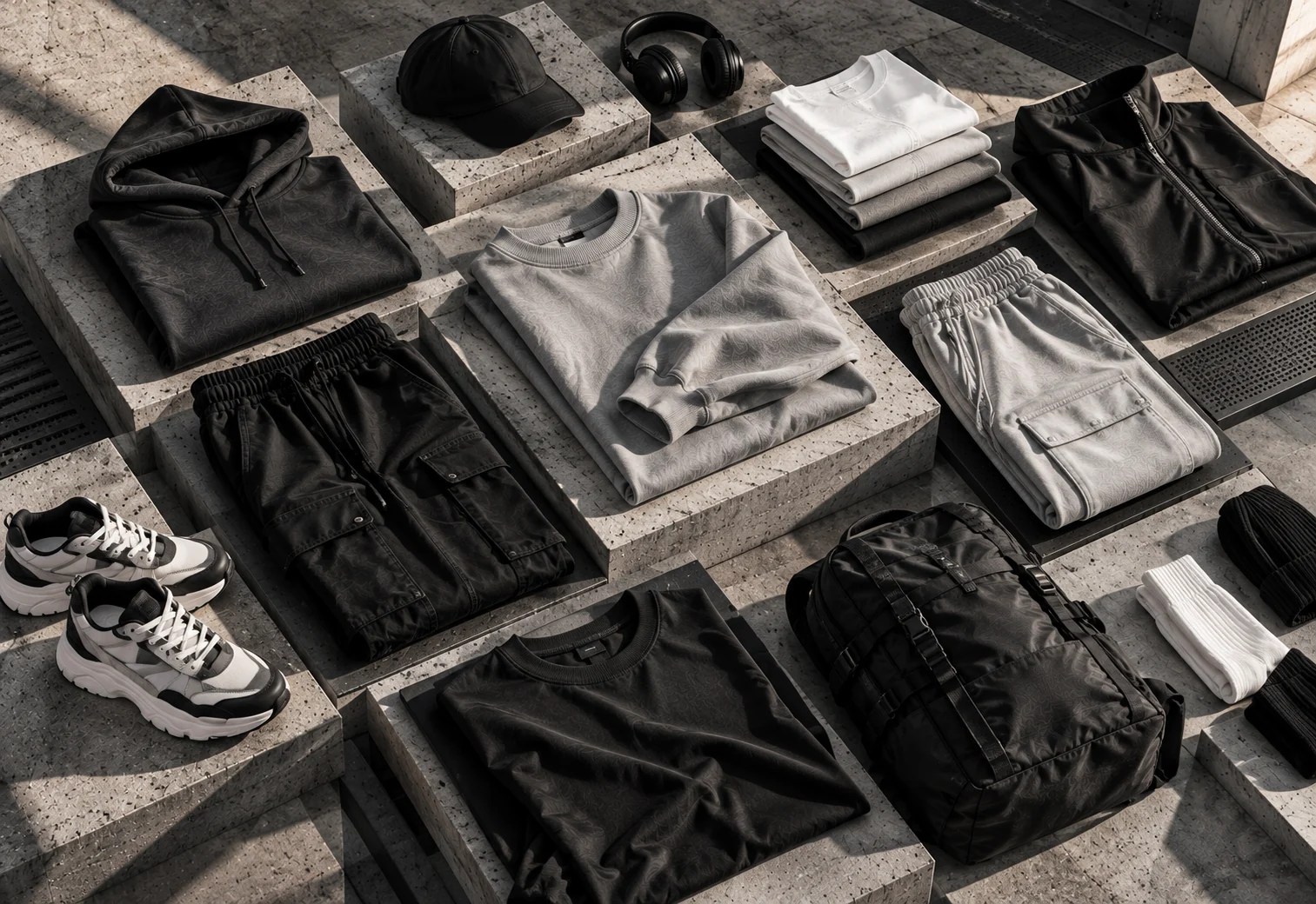 Streetwear T-shirt and sweatpants editorial composition
